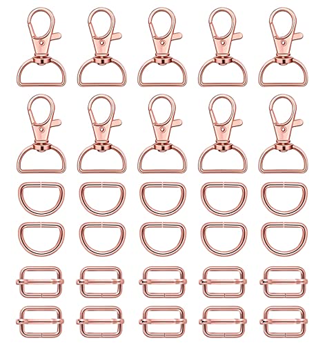 WAFJAMF 30Pcs Purse Hardware Swivel Snap Hooks D Rings Slide Buckles 1 In | Heavy duty metal clasps set for handbag making, DIY craft, strap, backpack, lanyard keychain & handbag fasteners, rose gold - color: Rosegold, size: 1” Inside Width