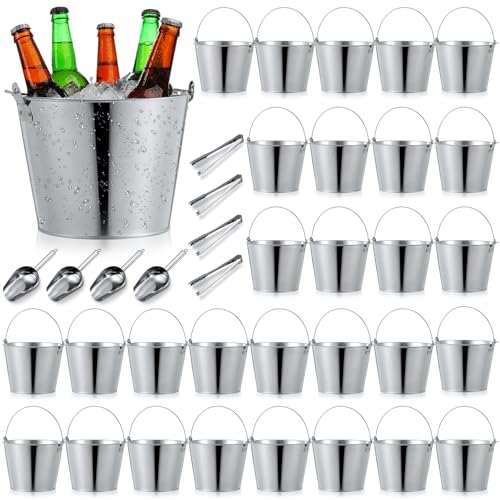 38 Pcs Galvanized Beer Buckets Set, 16 Metal Pails with 4 Scoops & 4 Tongs, 7 Inch Rustic Ice Bucket for Parties, Wedding Centerpieces, Planters, Candy Buffet & Event Decor (Silver)