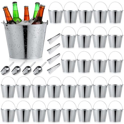 38 Pcs Galvanized Beer Buckets Set, 16 Metal Pails with 4 Scoops & 4 Tongs, 7 Inch Rustic Ice Bucket for Parties, Wedding Centerpieces, Planters, Candy Buffet & Event Decor (Silver)