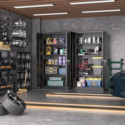 Storage Cabinet, 72” Black Garage Steel Locking Cabinet with Doors and 4 Adjustable Shelves, Tall Lockable File &Tool Cabinet for Home Office, Metal Classroom Cabinet Basement