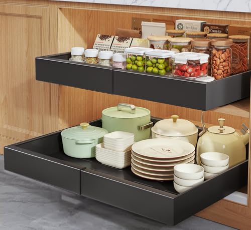 2 Pack Pull Out Cabinet Organizers 21"Deep with Raising Pad for Framed Cabinets,Expandable Slide Out Drawers Upgrade 3 Slide Rails,Roll Out Shelves Adhesive,Adjustable Width 12"-20.45" Black - color: Black, size: 12"-20.45"Wide x 21"Deep(2 Pack)