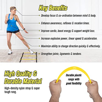 20ft Sports Agility Ladder for Men Women and Kids, Speed Youth Soccer Agility Training Equipment for Football, Exercise, Tennis, Legs Workout with Speed Parachute and Carry Bag