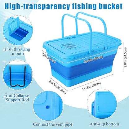 Live Bait Bucket with Solar Aerator, 20l Foldable Fishing Bucket, Portable Quiet Oxygen Pump, Collapsible Minnow Tank for Outdoor Fishing