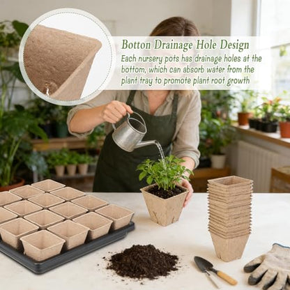 100 Pcs Square Nursery Pots with Drain Holes and 6 Pcs Plastic Plant Growing Trays and Plant Labels, Seed Starter Kit Propagation Tray Seed Starting Pots for Seedling Plant Growing