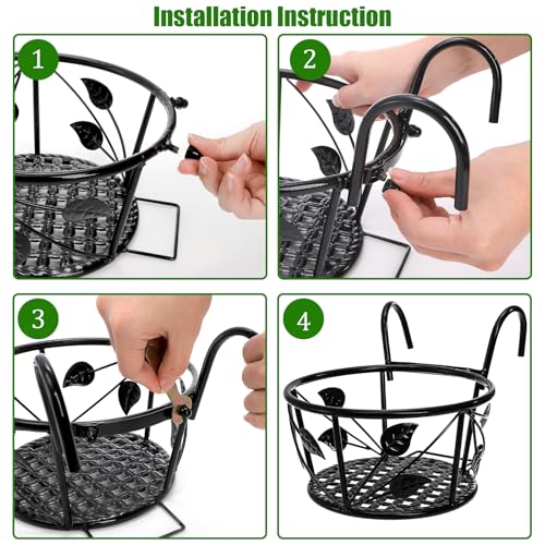 Tosnail 2-Pack Metal Plant Holders for Indoor Outdoor Railings, Fence Plant Hangers, Hanging Flower Baskets for Porch, Balcony, Stair Railing, Black