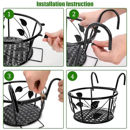 Tosnail 2-Pack Metal Plant Holders for Indoor Outdoor Railings, Fence Plant Hangers, Hanging Flower Baskets for Porch, Balcony, Stair Railing, Black