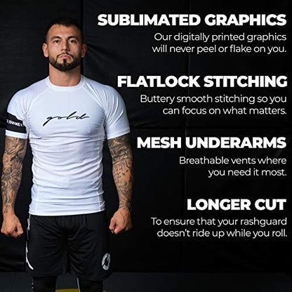 Gold BJJ Foundation Rash Guard - Ranked No-Gi and Gi Jiu Jitsu Rashguard - color: White (Short Sleeve), size: 3X-Large