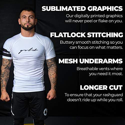 Gold BJJ Foundation Rash Guard - Ranked No-Gi and Gi Jiu Jitsu Rashguard - color: White (Short Sleeve), size: X-Large