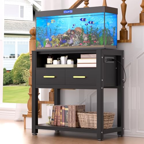 20-29 Gallon Aquarium Stand with Stable Metal Frame & Power Outlet, Heavy-Duty Fish Tank Stand with Waterproof Mat, 550LBS Capacity Storage Cabinet, Black