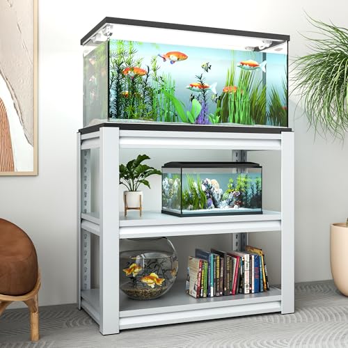 Aquarium Stand for 40 to 50 Gallon Fish Tank Heavy Duty 3-Tier Metal Tank Rack Adjustable Reptile Terrarium Cabinet Sturdy Support Storage Shelf for Home Office Living Tank Not Included