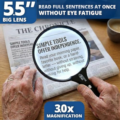 Large 5.5" Magnifying Glass with LED Light (USB Rechargeable) and Hard Case — Handheld Illuminated Magnifier for Reading — Lightweight