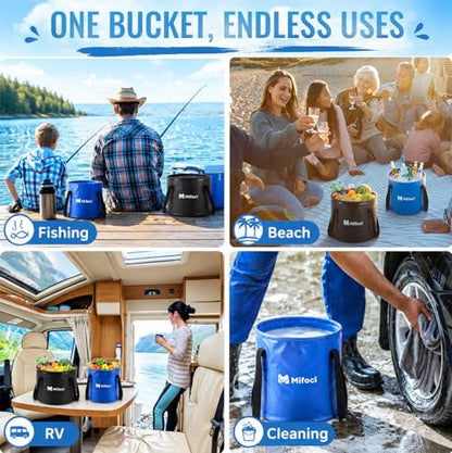 2 Pcs Collapsible Bucket 5 Gallon and 8 Gallon with Handle Portable Foldable Bucket for Camping Fishing Sturdy Leakproof Collapsible Cleaning Buckets for Car Wash RV Outdoor (Black,Dark Blue)