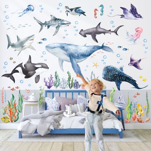 DECOWALL SG3-2430 Large Sea Creature Wall Stickers Decals Kids Under The Sea Ocean Bathroom Bedroom Fish Nursery Décor Turtle Art Baby Room Peel