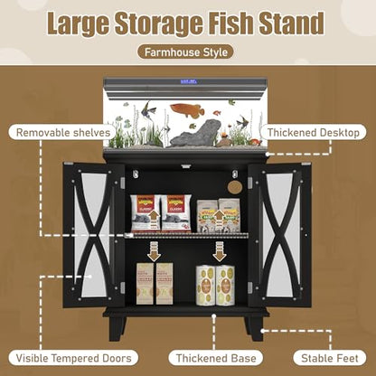 20 Gallon Fish Tank Stand with Cabinet Storage and Power Outlets (4 AC 2 USB), Modern Aquarium Cabinet with Adjustable Shelves, MDF Frame, 298LBS Capacity, Black