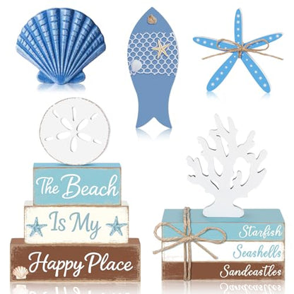 11 Pcs Beach Table Decorations Set Ocean Tiered Tray Decor Summer Wood Block Sign Gift the Beach Is My Happy Place Starfish Seashell Coastal Centerpiece Summer Party Supplies Shelf - style: Beach