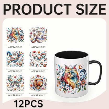 12 PCS UV DTF Cup Wrap Stickers, Folk Art Animal Rub on Transfers for Crafts, Permanent DIY Transfer Decals for 16oz Libbey Glass Cans, Mugs, Candles, Easy to Apply Art Stickers - style: Folk Art Animal