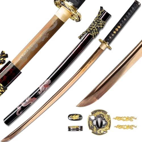 OYZ Real Katana Japanese Samurai Sword, Unique Gift for Men Full Tang Clay Tempered t10 Steel Blade, Spring Steel Memorable for Martial Arts Enthusiasts or Collectors. - style: Golden Dragon themes