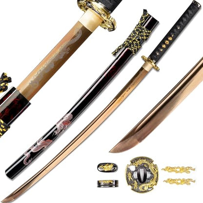 OYZ Real Katana Japanese Samurai Sword, Unique Gift for Men Full Tang Clay Tempered t10 Steel Blade, Spring Steel Memorable for Martial Arts Enthusiasts or Collectors. - style: Golden Dragon themes