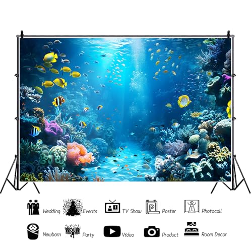 6x4ft Under The Sea Backdrop Underwater World Tropical Fish Photography Background Ocean Aquarium Corals Sunlight Banner Decorations Undersea Party Photo Booth Props - size: 6x4ft