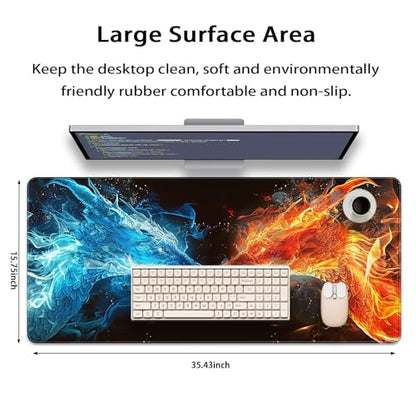 35.4 x 15.7 in, XXL Large Mouse Pad for Desk, Extended Keyboard Mouse Mat for Computer Office, Big Mouse pad with Stitched Edges, Gaming Pc-Ice Dragon fire Dragon - color: Ice Dragon fire Dragon
