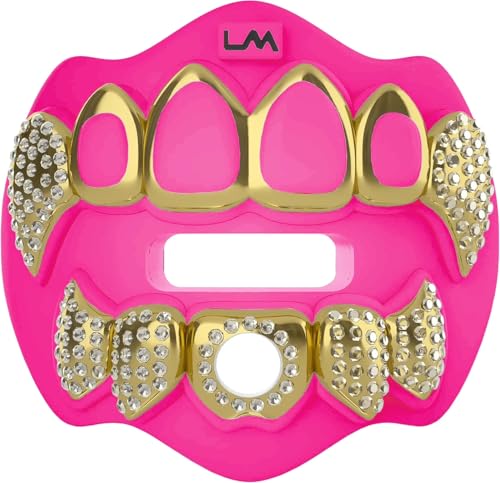 Loudmouth Football Mouth Guard for Youth & Adult - 3D Chrome Grillz Pink Mouthpiece with Strap, No-Boil Braces-Friendly Sports Mouthguard (Fluorescent Pink) - color: 3d Grillz Bling - Fluorescent Pink
