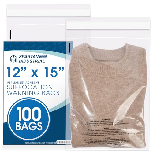 Spartan Industrial - 12” X 15” (100 Count) Self Seal Clear Poly Bags with Suffocation Warning for Packaging, T Shirts & Shipping - Permanent Adhesive - size: 12" X 15"