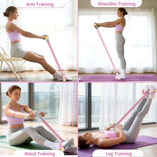 Pedal Resistance Band with Handle, Durable 6-Tube Exercise Bands (Pink & Gray)