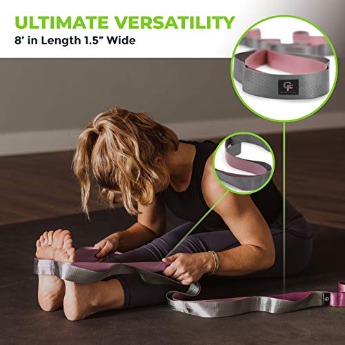 Stretching Strap for Physical Therapy, 12 Multi-Loop Stretch Strap 1.5" W x 8' L, Neoprene Handles, Physical Therapy Equipment, Yoga Straps for Stretching, Leg Stretcher. - color: Pink/Grey