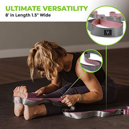 Stretching Strap for Physical Therapy, 12 Multi-Loop Stretch Strap 1.5" W x 8' L, Neoprene Handles, Physical Therapy Equipment, Yoga Straps for Stretching, Leg Stretcher. - color: Pink/Grey