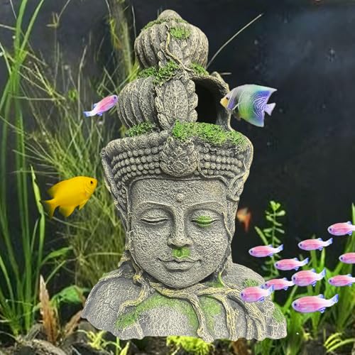 Aquarium Buddha Head Statue Decor Betta Resin Hideout Cave Fish Tank Accessories Sleep Rest Conceal Breed for Fish Shrimp Reptile Amphibian (1 PCS) - style: Buddha head