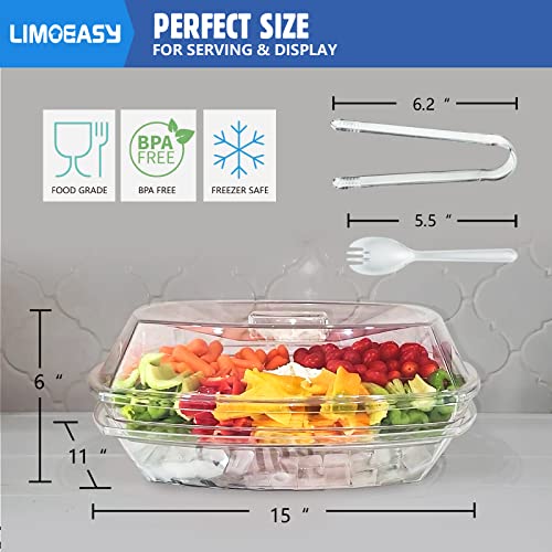 Chilled Veggie Tray, 15 Inch Clear Party Platter with 4 Compartments, Ice Serving Bowl with Lid, Cold Food Buffet Server for Fruit, Vegetable, Appetizer, Shrimp