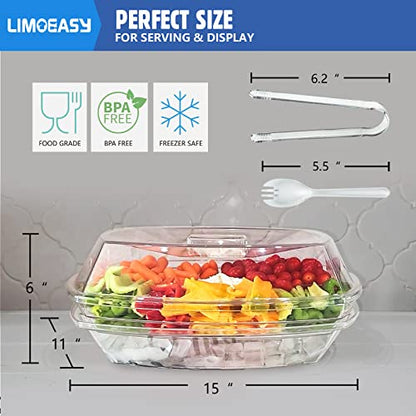 Chilled Veggie Tray, 15 Inch Clear Party Platter with 4 Compartments, Ice Serving Bowl with Lid, Cold Food Buffet Server for Fruit, Vegetable, Appetizer, Shrimp