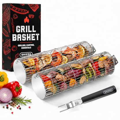 Rolling Grill Basket, Removable Wooden Handle, Extra Sturdy Cylinder Grilling Basket, Food Grade Stainless Steel, Portable Outdoor Camping accessories BBQ Net Rack, Cooking Griller for Fish, Vegetables, and More - Gifts for Men Dad Husband - Set of 2