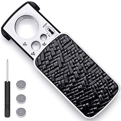 Jewelry Loupe Magnifier with UV LED Light, AFUNTA 30X 60X 90X Slide Out Pocket Magnifying Glass for Jewelry Diamonds Gems Coins Stamps Rocks Watches Hobbies Antiques Models Photos -Black