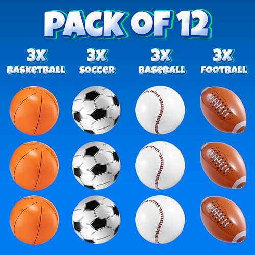 16" Inflatable Sports Beach Balls Variety Pack (12 Pcs) - 3 of Each Sport | Basketball, Baseball, Football, Soccer Beach Balls - Themed Parties, Pool Toys, Birthday Decorations, and Party Favors