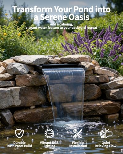 8inch Pond Waterfall Spillway with RGB LED Lights & 660GPH Pond Pump- APP/Remote Control, 304 Stainless Steel Pond Spillway with 9.8FT Tubing for Garden Ponds Landscape Water Features-P42DY - size: 8INCH with Remote Lights
