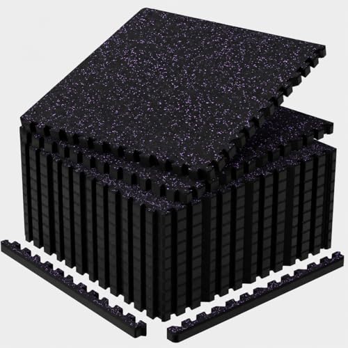 1'' Thick 48 Sq Ft Protective Gym Flooring for Home Gym, 12 Tiles Extra-Thick Rubber Top with High Density EVA Foam, Interlocking Exercise Equipment Mats, Heavy Weight Workout, Black & Purple - color: Black/Purple, size: 48 Sq Ft (12 Tiles)