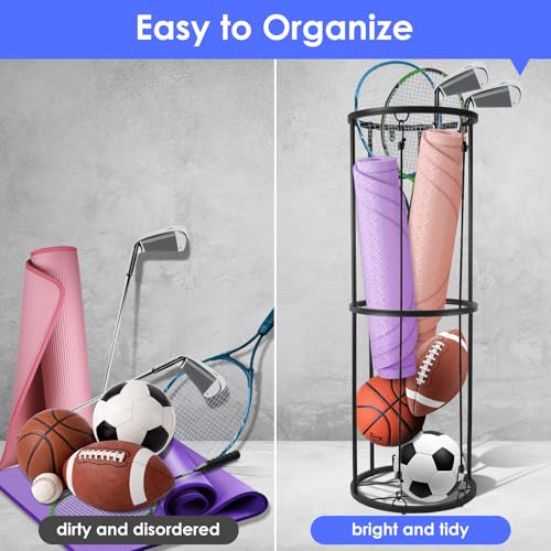 Garage Ball Storage Rack for Basketball & Soccer, Metal Wall-Mount | Durable wall-mounted ball organizer stores basketballs, soccer balls and more in garages, gyms, playrooms and basements - size: Medium size