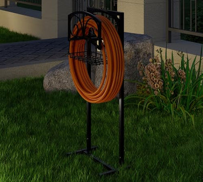 Fire Beauty Garden Hose Holder,Freestanding Water Hose Holder with Storage Basket,In ground Hose Rack Organizer for Outdoor,Detachable Hose Holder Stake,Hose Reel Stand for Outside Lawn Yard - style: Scroll Design