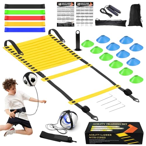 Speed Agility Training Equipment Set, Agility Ladder 20ft, 12 Football Cones, Resistance Parachute/Soccer Kick Trainer, Jump Rope, 5 Resistance Bands, Football Practice Equipment for Kids Adults - color: Set2 with Kick Trainer