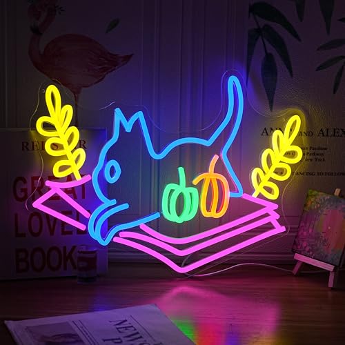 Cat Book Neon Sign Cat Learning LED Light Up Sign Cartoon Animal Neon Light Dimmable Read Books Neon Light Sign for Bookstore Bedroom Store Wedding Classroom decor - style: Yoyo Cat