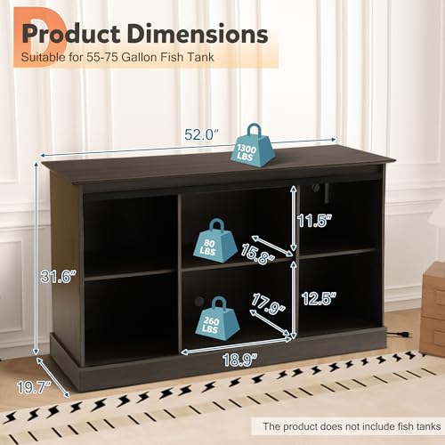 55-75 Gallon Large Fish Tank Stand with Power Outlet, Heavy Duty Aquarium Stand with Sliding Barn Doors, Turtle Reptile Terrarium Stand with Cabinet for Accessories Storage, 1300LBS (Gray)