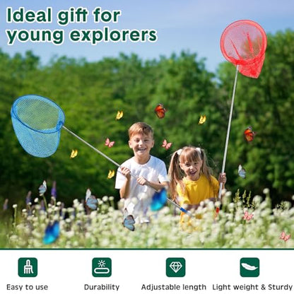 48 Pcs Kids Butterfly Fishing Nets Bulk Colorful Telescopic Butterfly Fishing Nets with Stainless Steel Pole Handle 34 Inch with 20 Pcs Plastic Insect Bottle Nature Exploration Toys