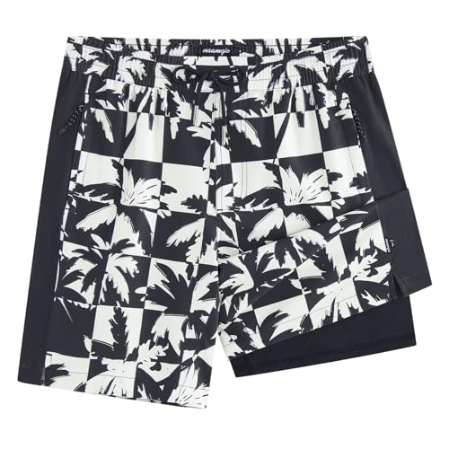 maamgic Mens Swim Trunks - Mens Bathing Suit with Compression Liner 7 Inch Quick Dry Fshion Stretch Zipper Pockets Swimwear - color: Black-black-coconut Tree, size: Small