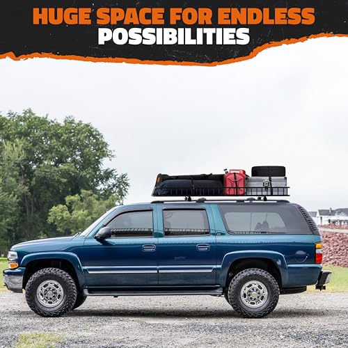 Mockins 90"x50"x6" XXL Heavy Duty Roof Rack Cargo Basket 2-Size Extendable | 250 Lbs Cap Steel Luggage Carrier for Car Rooftop Set w/ Straps| All-Weather Roof Cargo Carrier for SUV, RV, & Large Vehicles - size: Basket: 90"x50"x6"