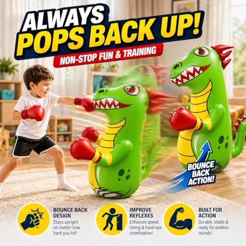 47 Inch - Inflatable Punching Bag for Kids - Dinosaur Bop Bag Toy with Fast Bounce Back Action - Durable Punching Toy for Age 3-14 - Fill Base with Water or Sand for Stability