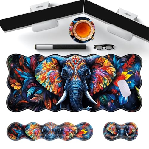 Large Gaming Mouse Pad, Keyboard Wrist Rest Pad & Wrist Support Mousepad Set, Stitched Edge, Extended, Non-Slip Base, Memory Foam Desk Mat for Office, Home,Cute Colorful Elephant - color: Cute Colorful Elephant