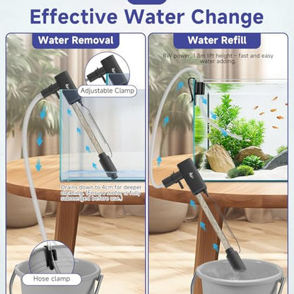 AQQA Electric Aquarium Vacuum Gravel Cleaner - 8W/213GPH Rechargeable Fish Tank Cleaning Tools Automatic Water Changer Pump with Debris Clean & Sand Washing, 4-Speed Adjustable Powerful Suction - size: 8W with 213GPH