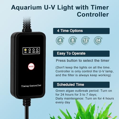 hygger Aquarium U-V Filter with Filter Sponge, U-V Light & Timer, Submersible Pump Filter for Green Water Clean, Internal Filter with Aeration & Rainfall for Fish Tank
