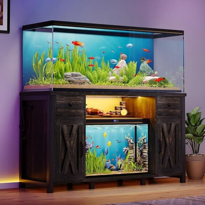 55-75 Gallon Fish Tank Stand with Power Outlet & LED Lights, Heavy Duty Aquarium Stand with Storage Drawers & Barn Doors, Reptile Tank Cabinet for Turtle, Reptile Terrarium, Dark Oak